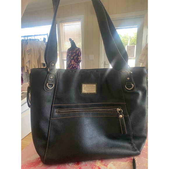 Kenneth Cole Reaction Handbags - Kenneth Cole Reaction Black Faux Leather Tote Bag Shoulder Purse Cityscape Liner